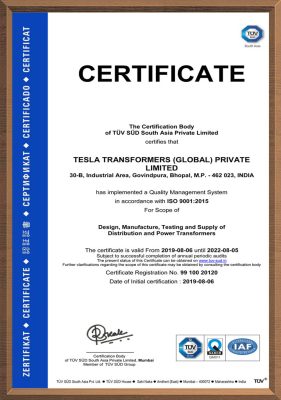 Certificate - Tesla Transformers India