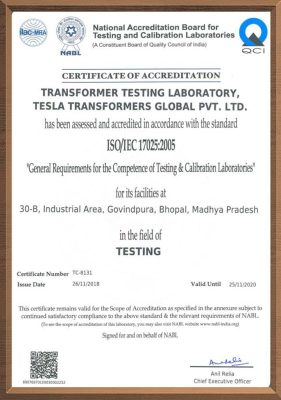 Certificate - Tesla Transformers India